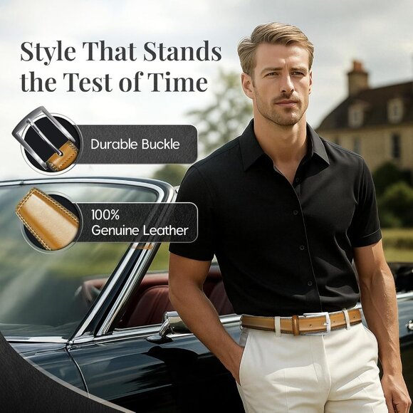 Genuine Leather Dress Belt for Men Tan Mens Belt for Suits Jeans Uniform USA - Picture 6 of 7